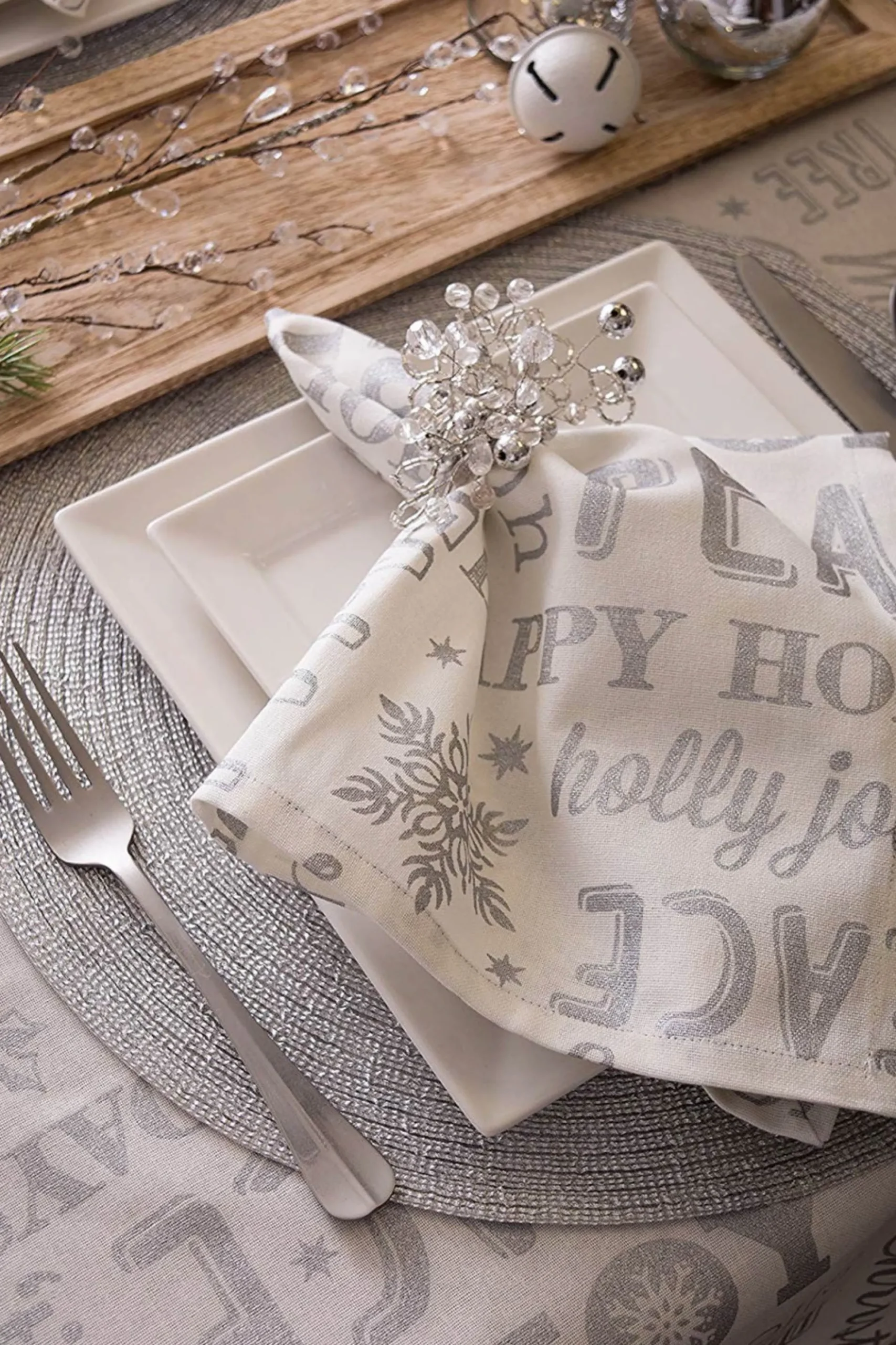 Linens*CC Home Furnishings White And Metallic Silver Colored Christmas Collage Rectangular Tablecloth 60" X 84"