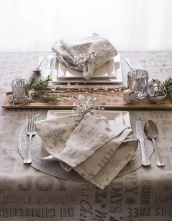 Linens*CC Home Furnishings White And Metallic Silver Colored Christmas Collage Rectangular Tablecloth 60